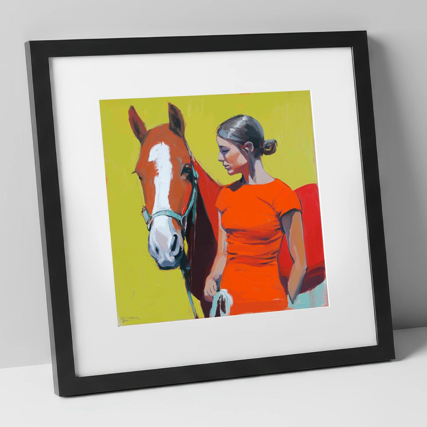 Radiant Bond horse & rider art print in black frame