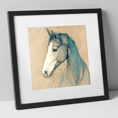 Teal Equine Study horse portrait art print in black frame