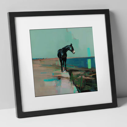 Silent Teal Horizon horse landscape art print in black frame