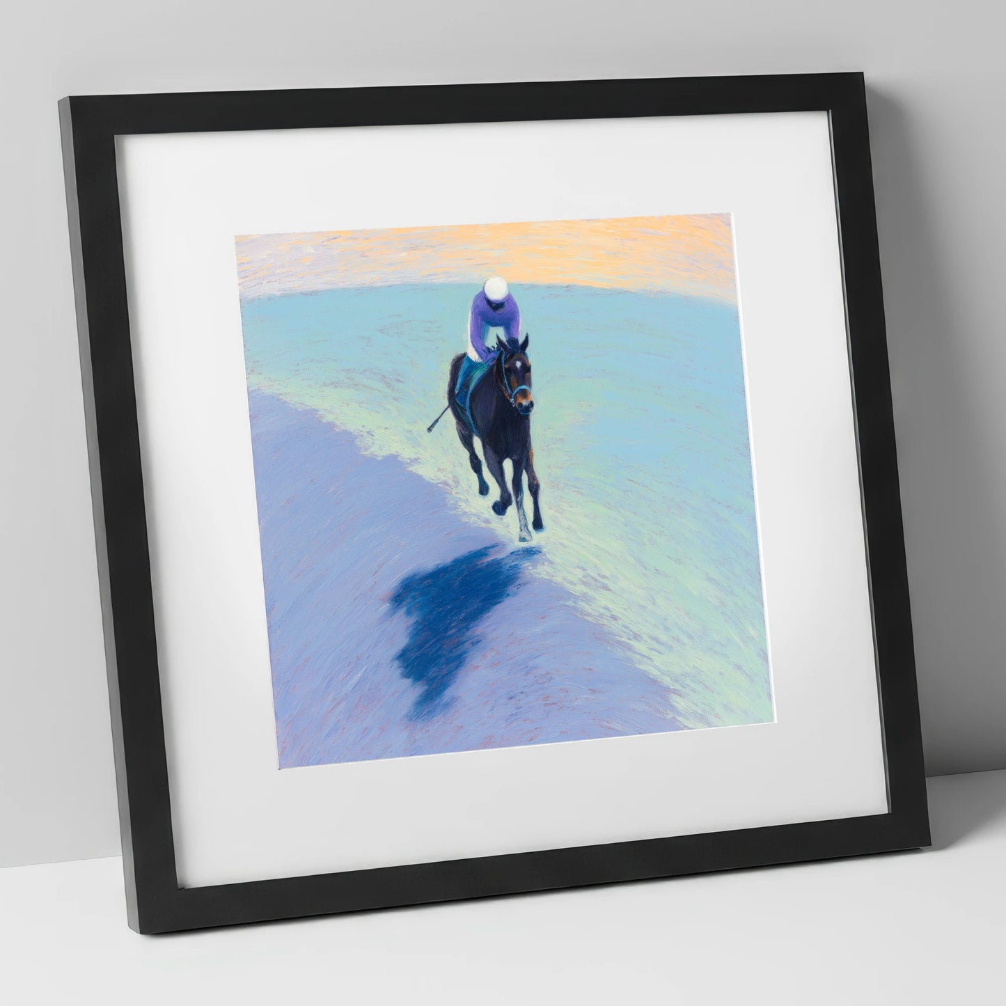 Morning On The Gallops racing horse art print in black frame