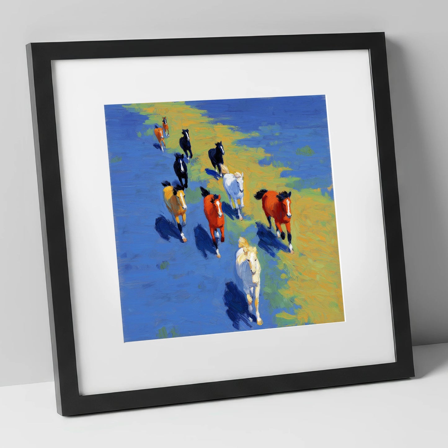 Sunlit Azure Gallop wild horses art print in black frame