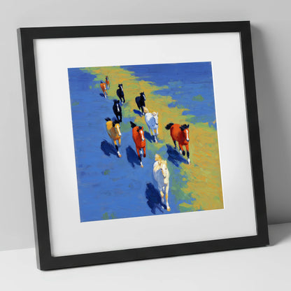 Sunlit Azure Gallop wild horses art print in black frame
