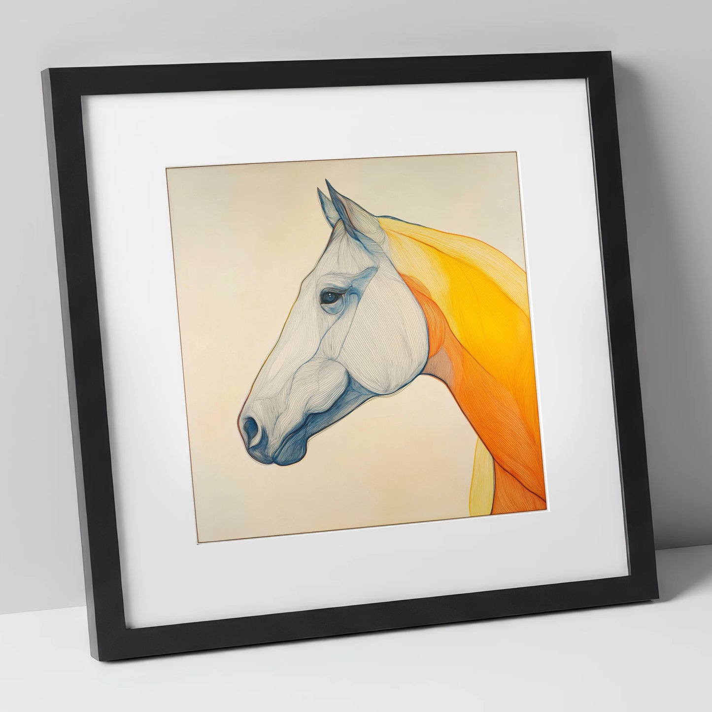 Flowing Amber Contours horse portrait art print in black frame