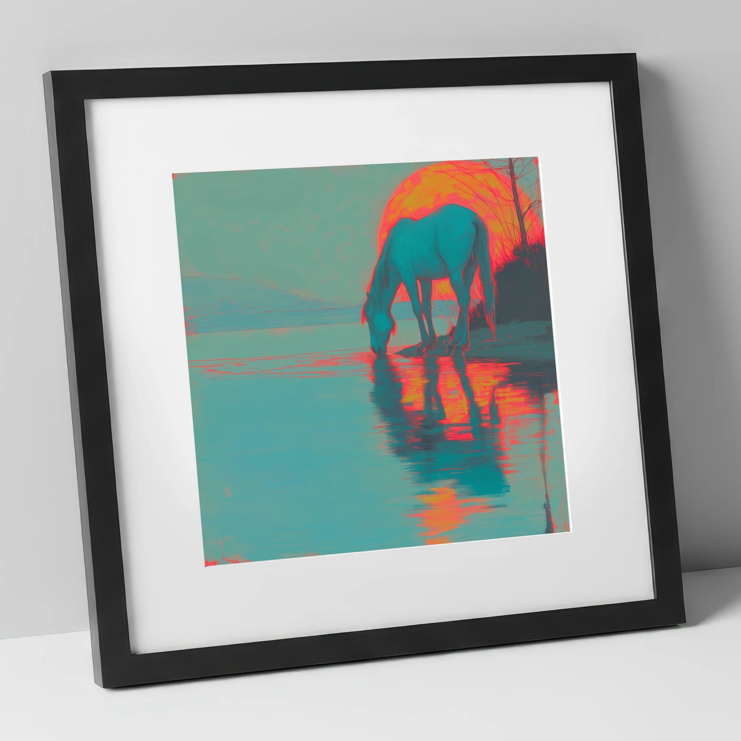 Electric Sunset Reflections horse landscape art print in black frame
