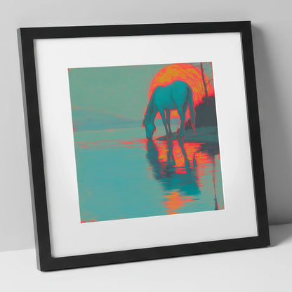 Electric Sunset Reflections horse landscape art print in black frame