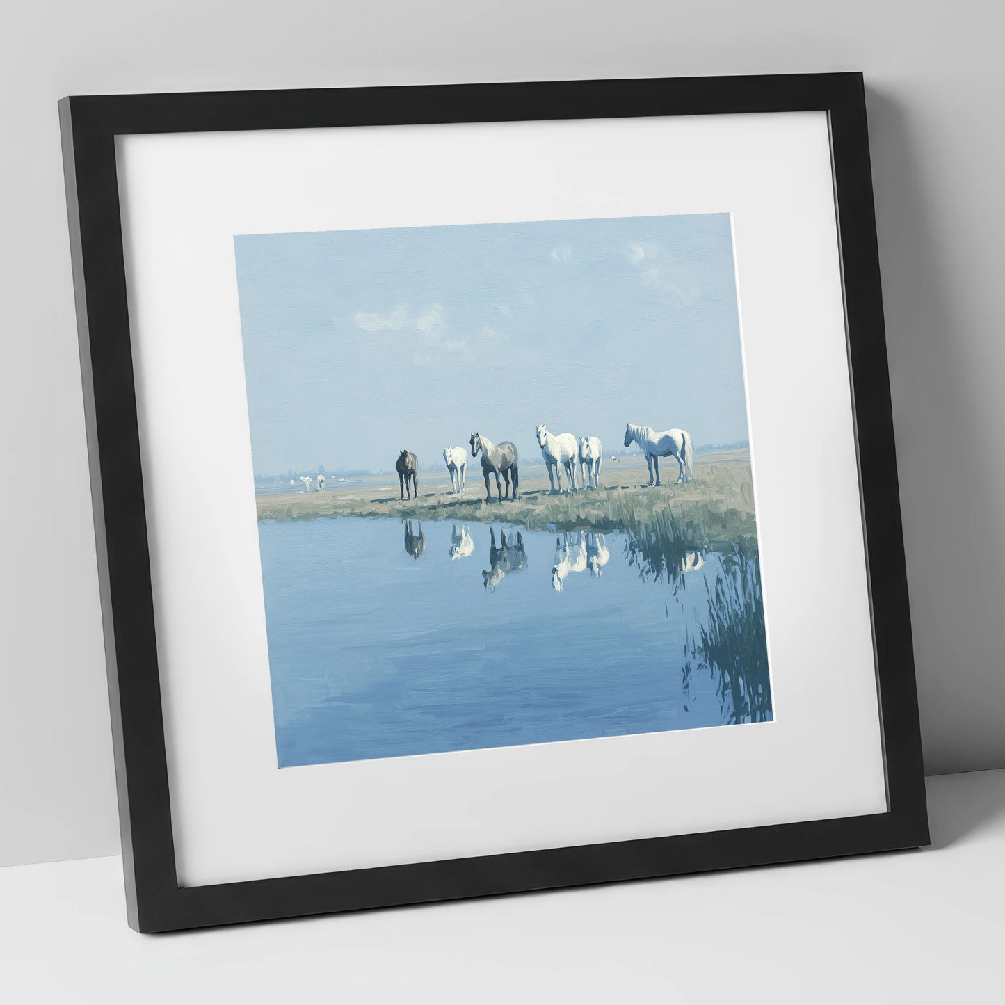Reflections in Blue wild horses art print in black frame