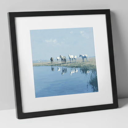Reflections in Blue wild horses art print in black frame