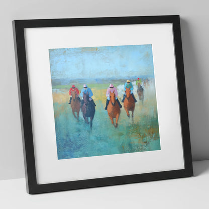 Through the Mist racing horse art print in black frame