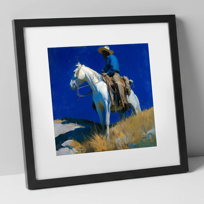 Cobalt Sky Rider western horse art print in black frame