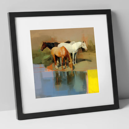 Vibrant Equine Reflections wild horses art print in black frame