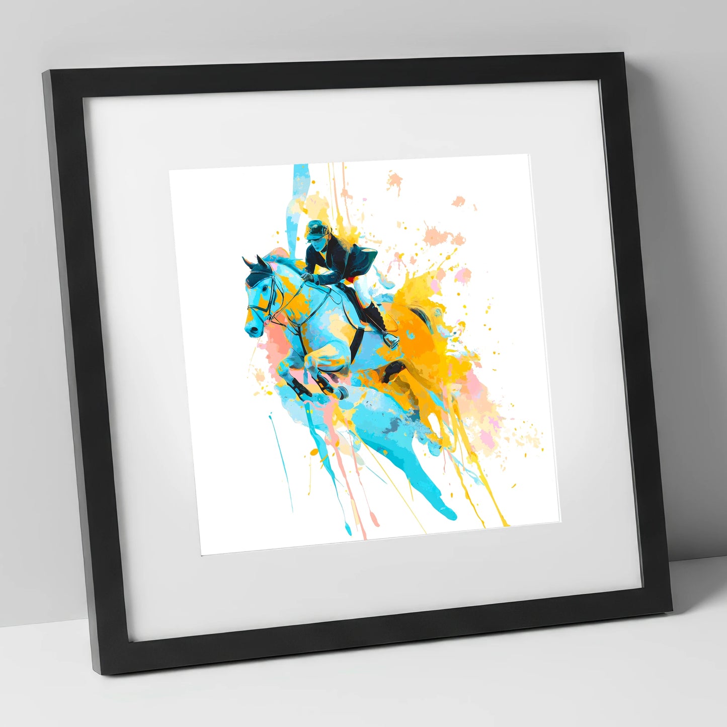 Airborne In Colour show jumping horse art print in black frame