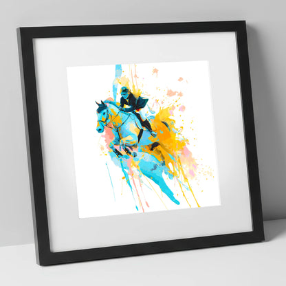 Airborne In Colour show jumping horse art print in black frame