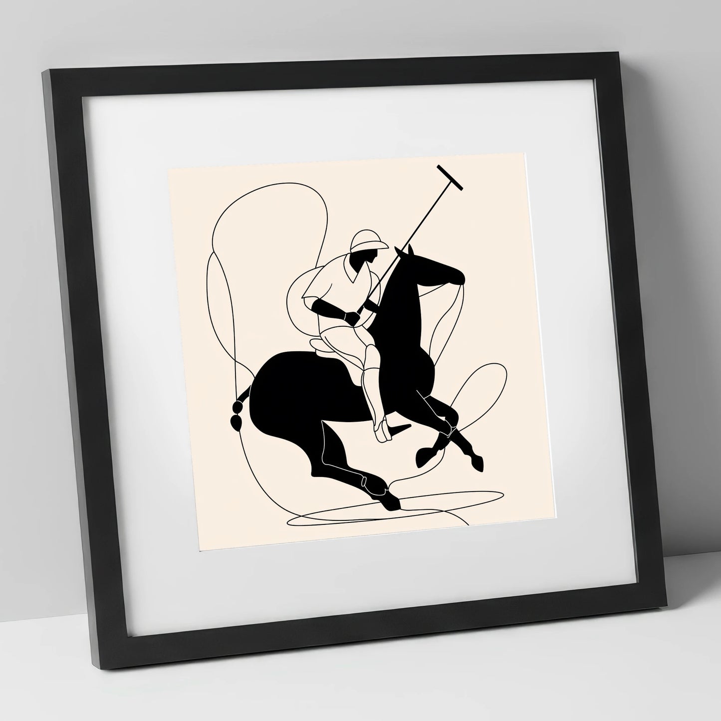 Fluid Polo Strike polo horse art print in black frame