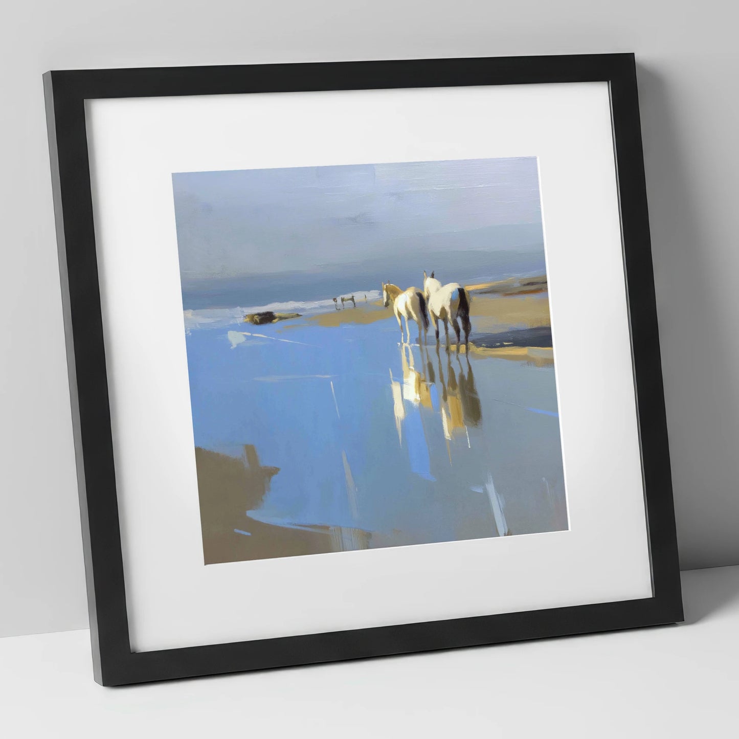 Sunlit Coastal Reflections horse landscape art print in black frame