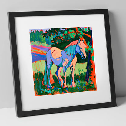 Vibrant Blue Horse Under Tree horse breed art print in black frame