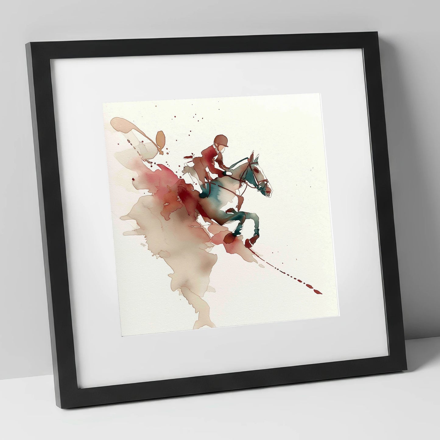 Suspended Momentum show jumping horse art print in black frame