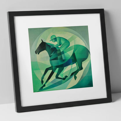 Emerald Rhythm racing horse art print in black frame
