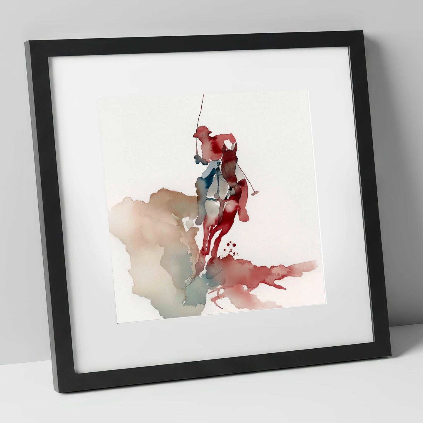 Crimson Chukka Strike polo horse art print in black frame