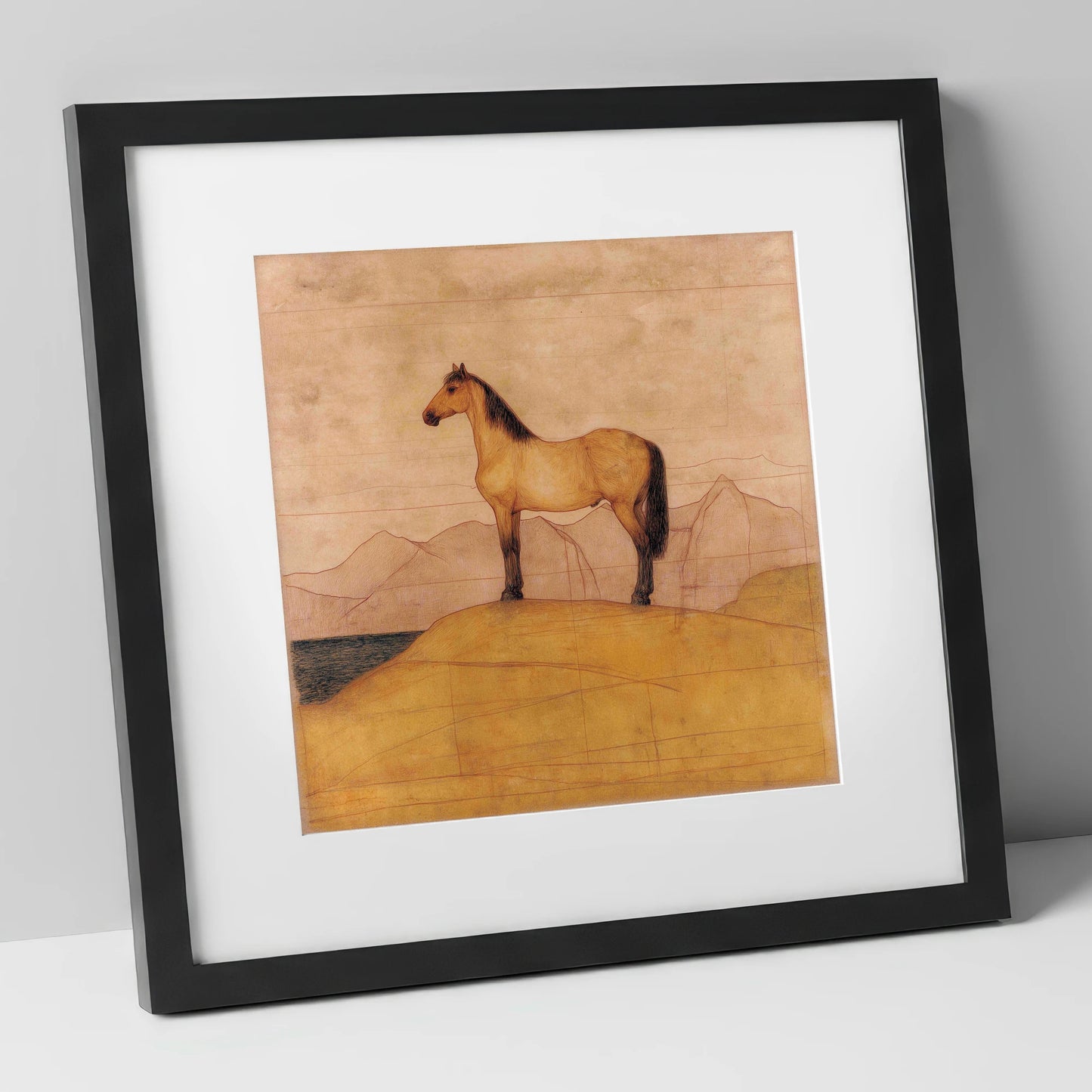 Golden Ridge Study horse landscape art print in black frame