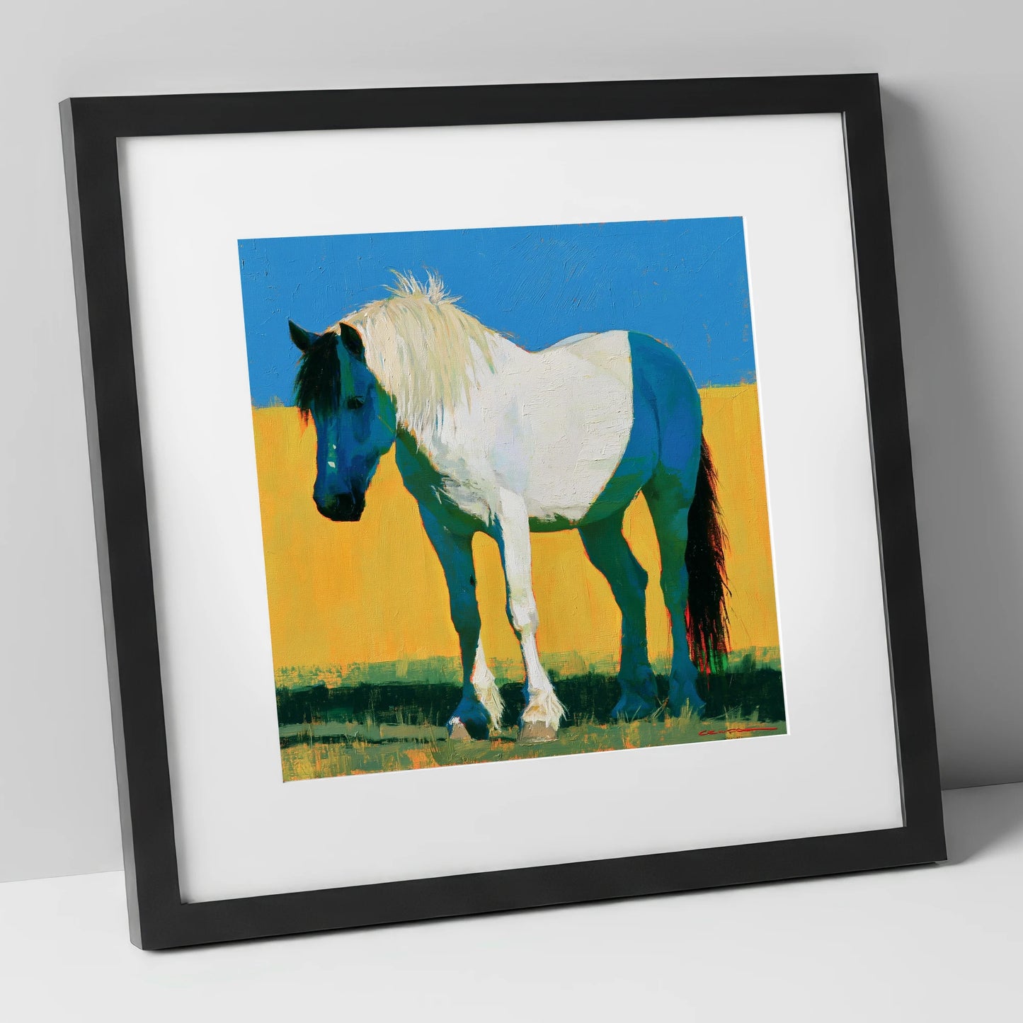 Bold Blue and White Cob horse breed art print in black frame