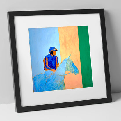 Stillness In The Saddle racing horse art print in black frame