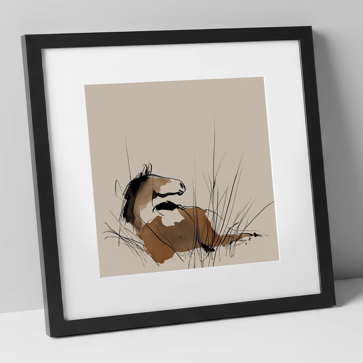 Alert in the Grass horse portrait art print in black frame
