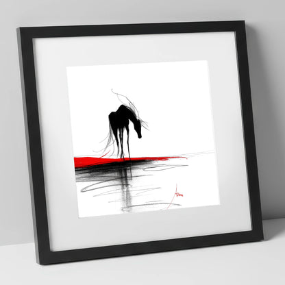Crimson Horizon Silhouette horse portrait art print in black frame