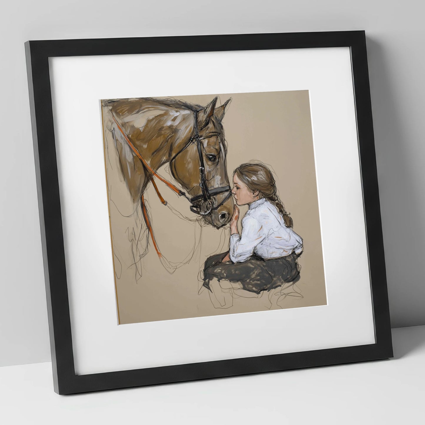 A Quiet Understanding horse & rider art print in black frame