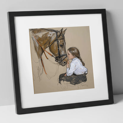 A Quiet Understanding horse & rider art print in black frame