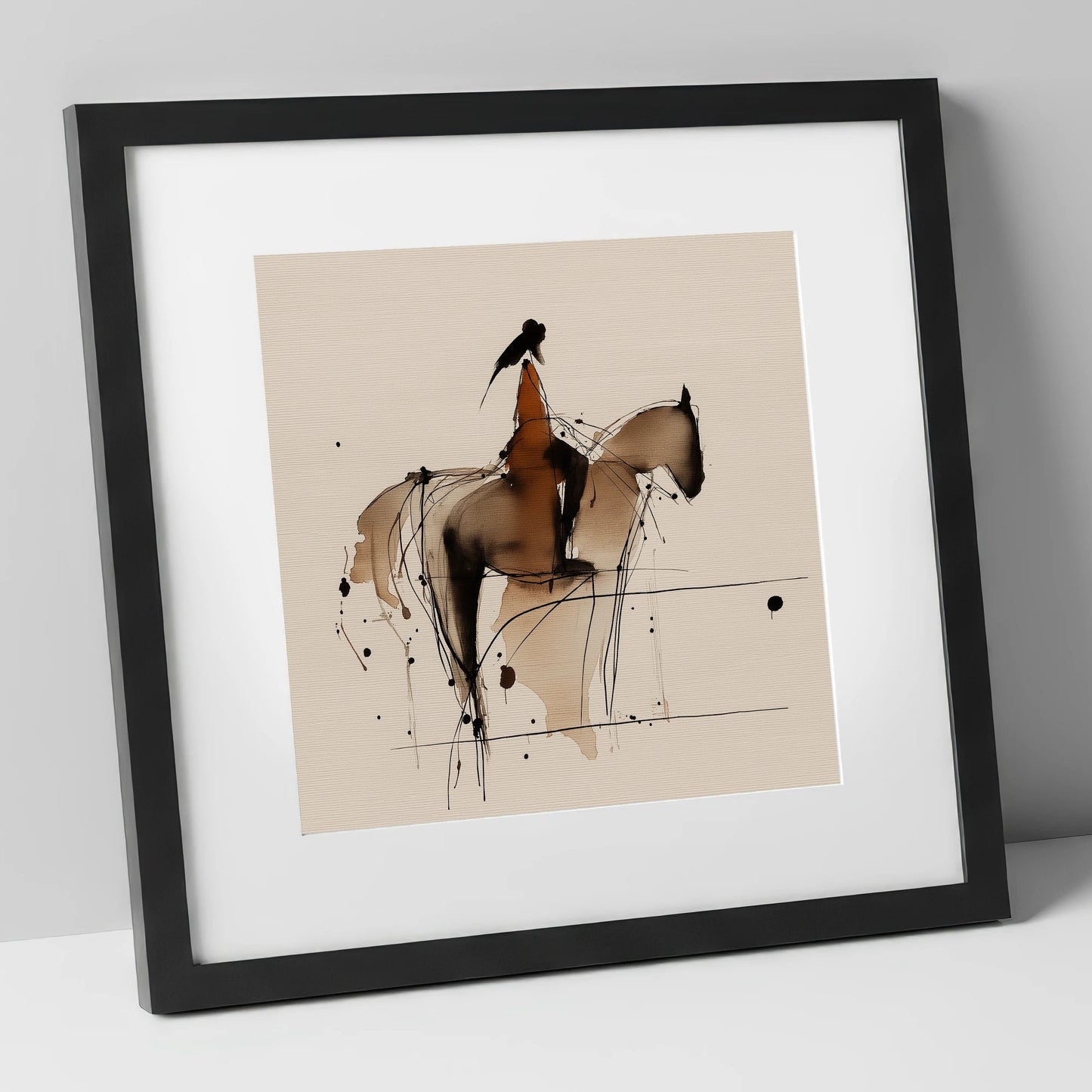 The Silent Connection horse & rider art print in black frame