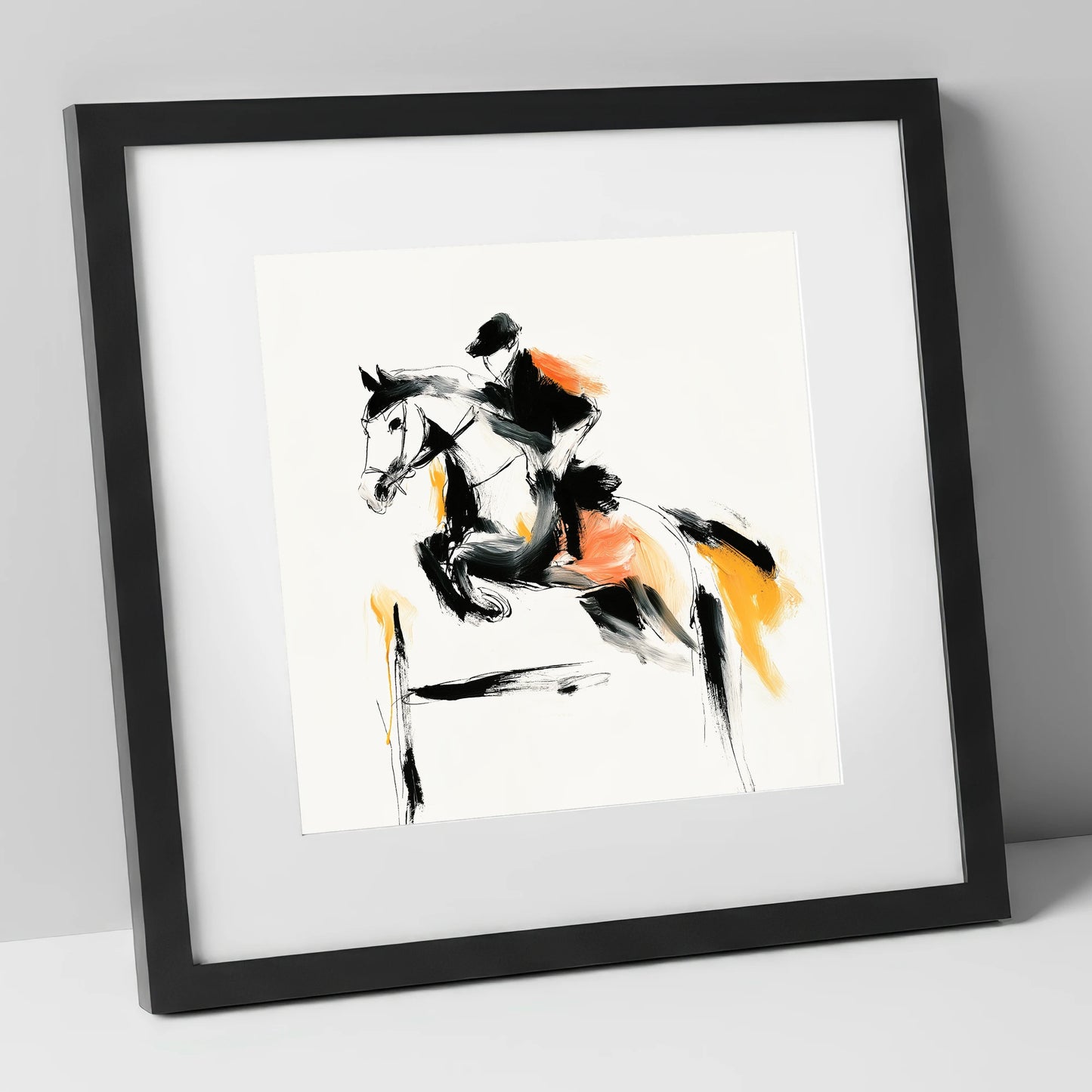 The Amber Leap show jumping horse art print in black frame
