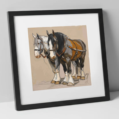 Gentle Giants in Harness horse breed art print in black frame