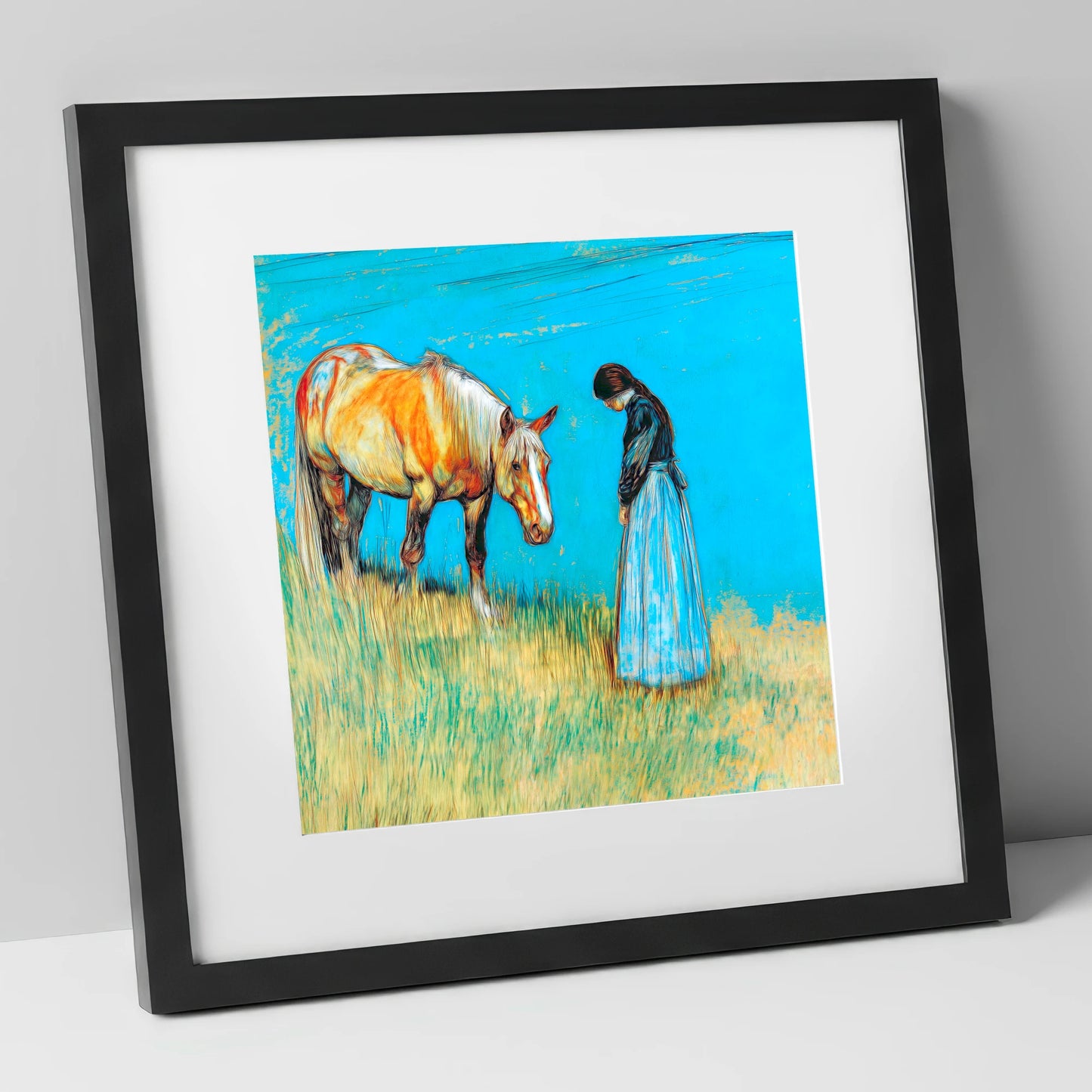 Cerulean Bond horse & rider art print in black frame