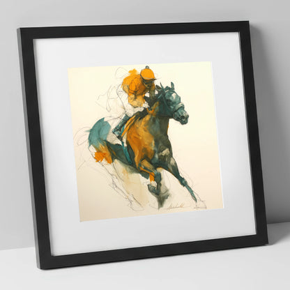 Amber Surge racing horse art print in black frame