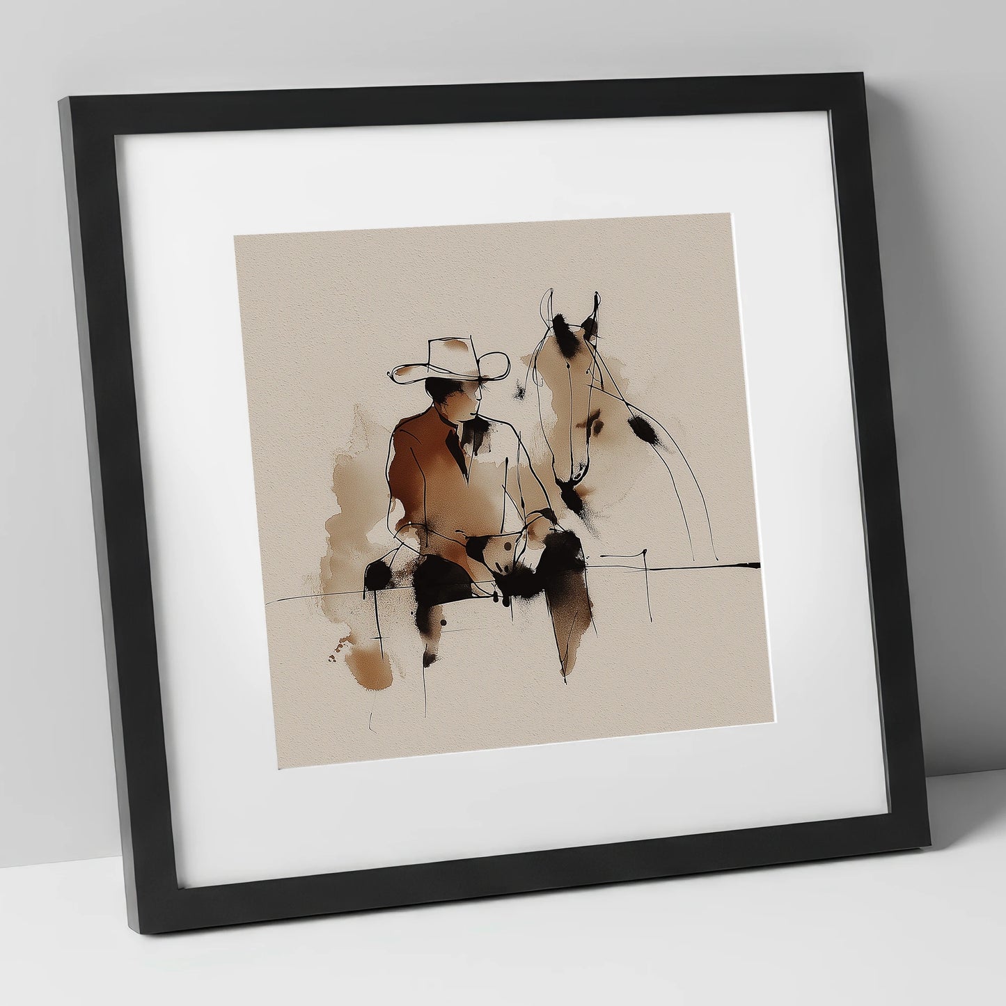 The Cowboy's Rest western horse art print in black frame