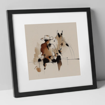 The Cowboy's Rest western horse art print in black frame
