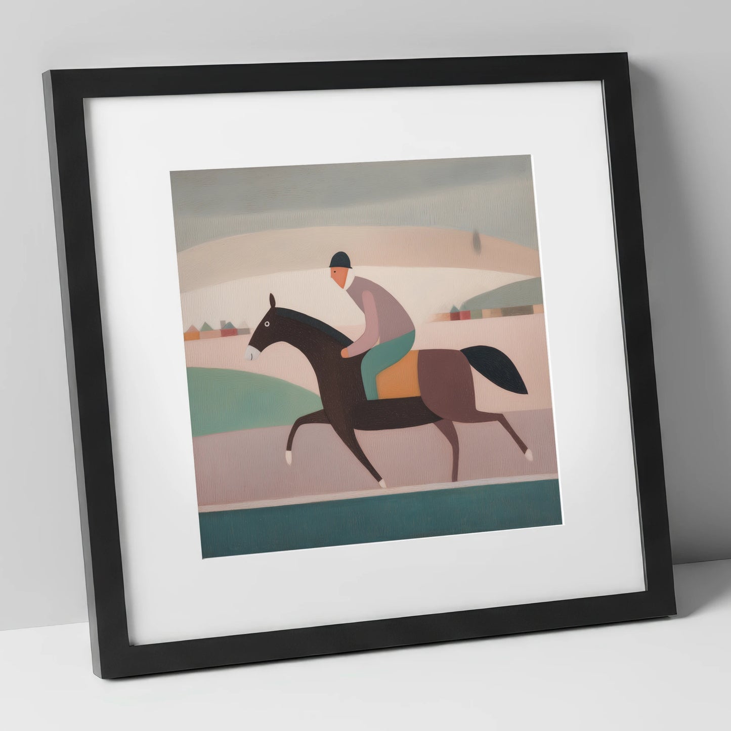 Muted Morning Canter racing horse art print in black frame