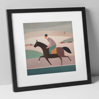Muted Morning Canter racing horse art print in black frame
