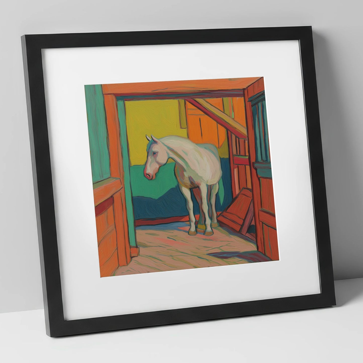 The Vibrant Stable horse stable art print in black frame
