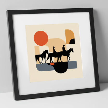 Retro Equine Trail horse landscape art print in black frame