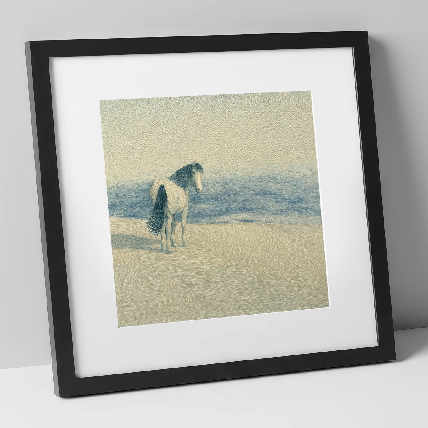 The Shoreline Gaze horse landscape art print in black frame