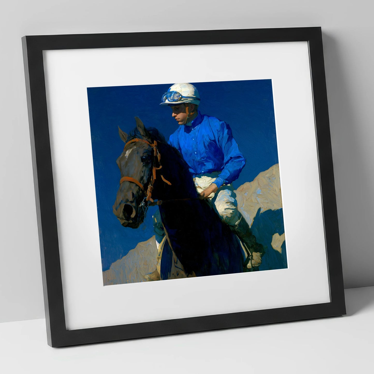 Focus Under Cobalt Skies racing horse art print in black frame