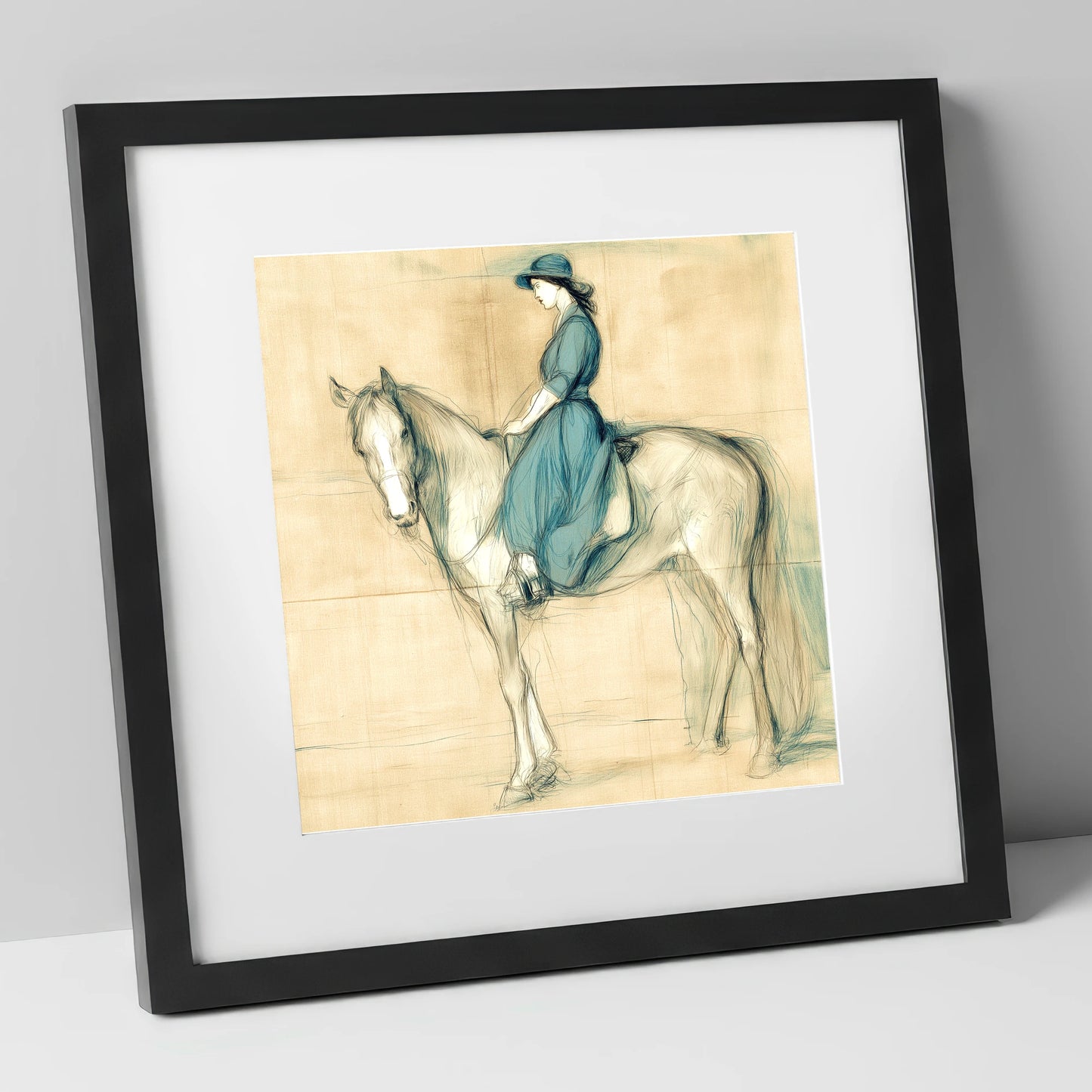 The Lady in Teal horse & rider art print in black frame