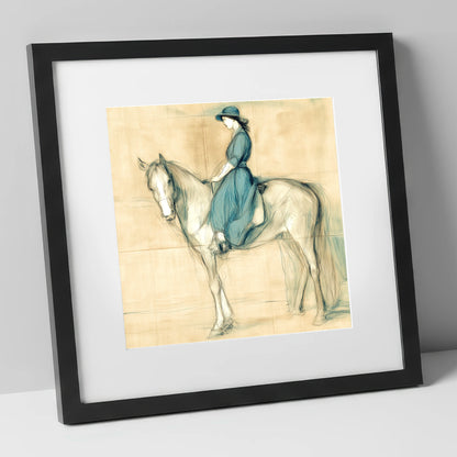 The Lady in Teal horse & rider art print in black frame