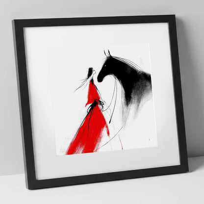 Scarlet and Shadow horse & rider art print in black frame