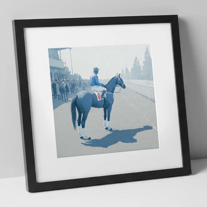 Waiting at the Rails racing horse art print in black frame