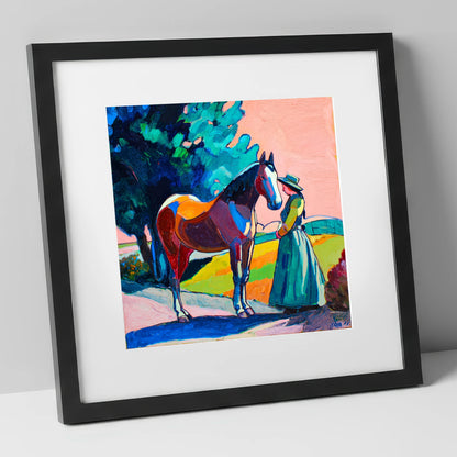 Painted Bond horse & rider art print in black frame