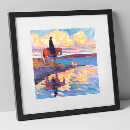 Evening Tide Halt beach horse art print in black frame