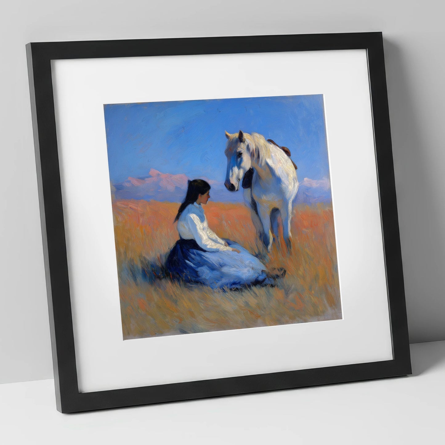 Golden Hour Companions horse & rider art print in black frame