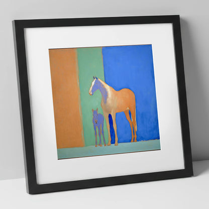 Cobalt and Sand mare & foal art print in black frame